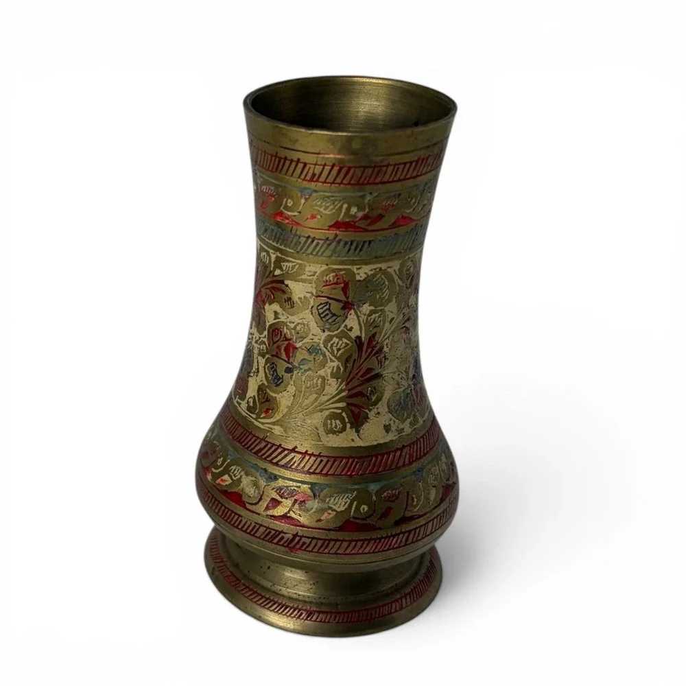 Vintage Engraved Brass Bud Vases Pair Indian Floral‎ Enamel Decor 4.25